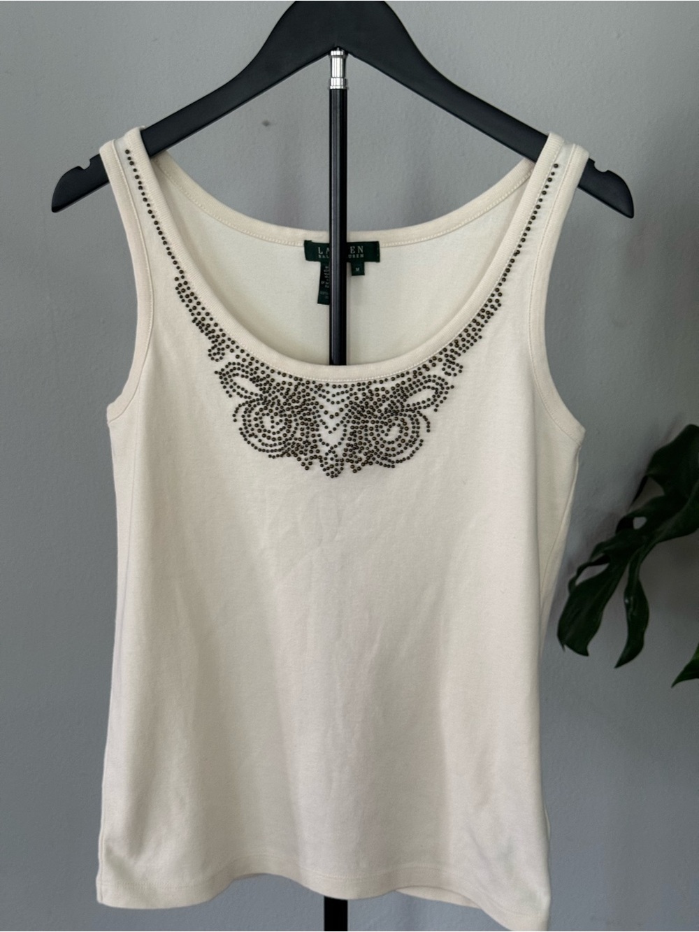 Ralph Lauren Cream Tank Top with Gunmetal Embellished Neckline